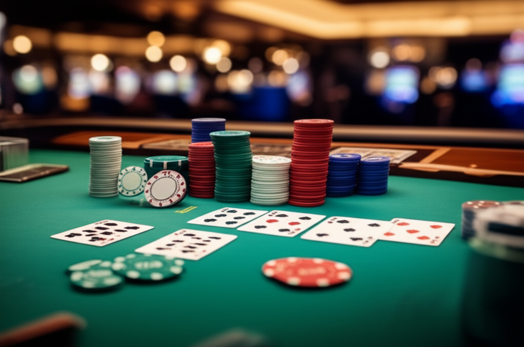 Professional poker table with cards and chips